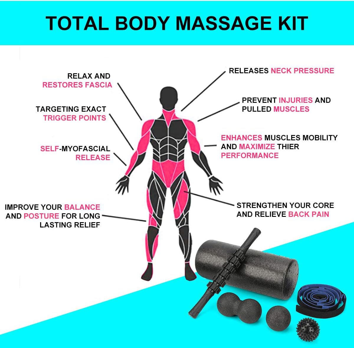 Foam Roller Set - High Density Back Roller, Muscle Roller Stick,2 Foot Fasciitis Ball, Stretching Strap, Peanut Massage Ball for Whole Body Physical Therapy & Exercise, Back Pain, Leg, Deep Tissue