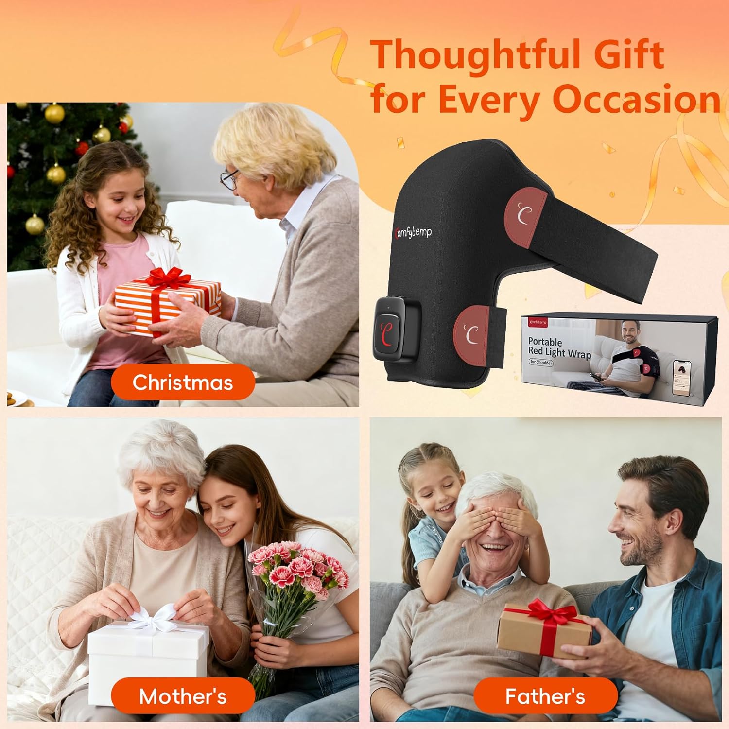 Comfytemp Cordless Red Light Therapy for Shoulder, 94 LEDs Wearable Near Infrared Light Wrap, 3D Portable Flexible Wrap with Timer, 660nm & 850nm (No Massage,One Size)