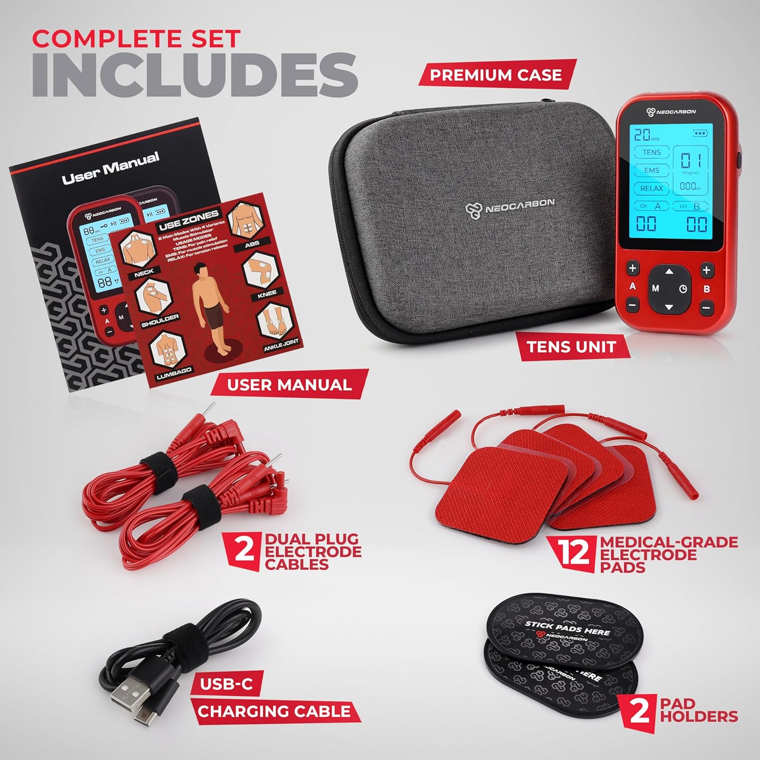 TENS Unit Muscle Stimulator Pro for Back Pain Relief, Shoulder Recovery and Physical Therapy, Electronic EMS Massager Machine with PMS Pulse for Effective Shock Therapy, Red