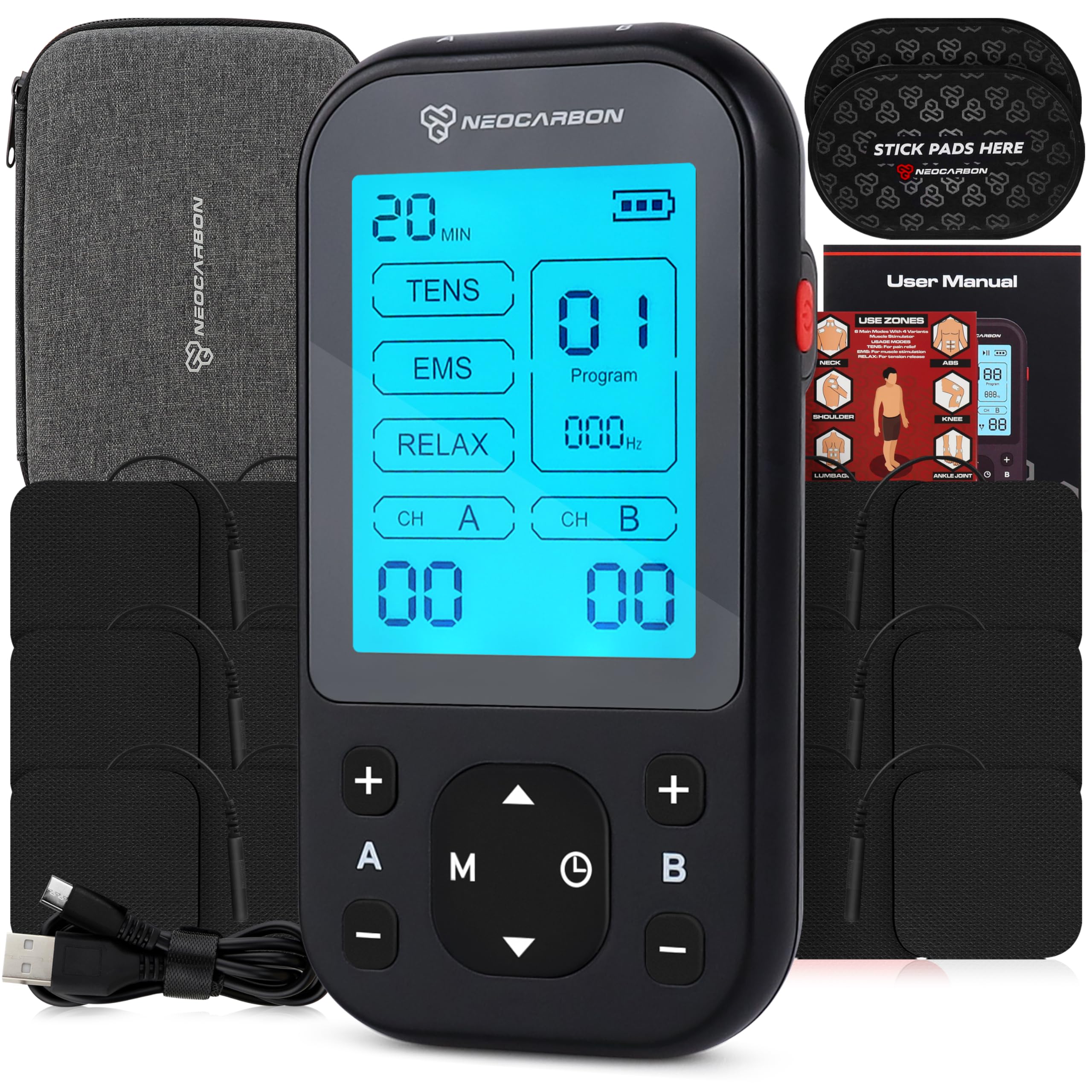 TENS Unit Muscle Stimulator Pro for Back Pain Relief, Shoulder Recovery and Physical Therapy, Electronic EMS Massager Machine with PMS Pulse for Effective Shock Therapy, Red