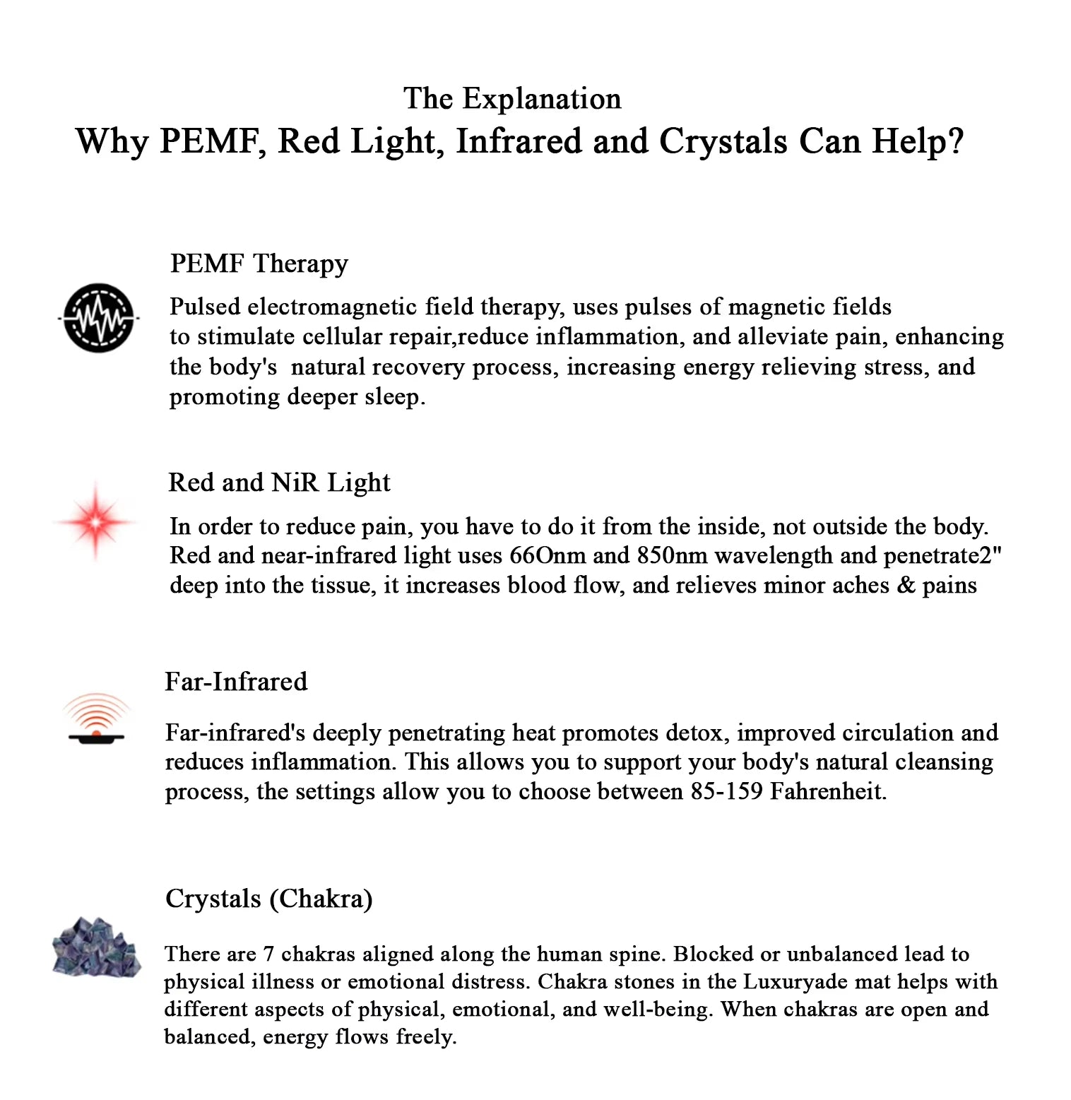 Luxuryade B190 Pemf FlR Infrared Heating Mat Crystal Amethyst Therapy Heating Photon Red Light PEMF Infrared Massage Mattress