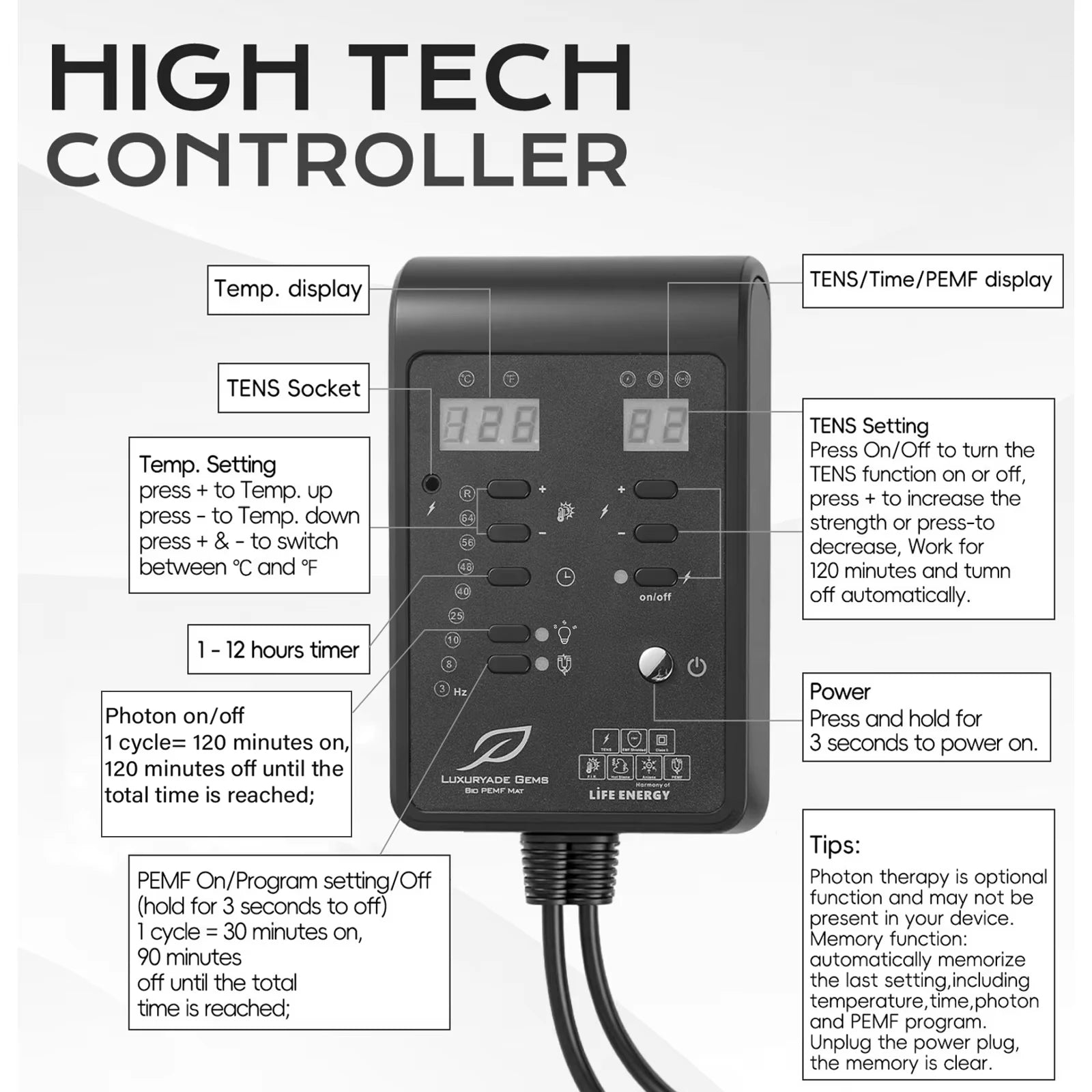 Luxuryade B190 Pemf FlR Infrared Heating Mat Crystal Amethyst Therapy Heating Photon Red Light PEMF Infrared Massage Mattress