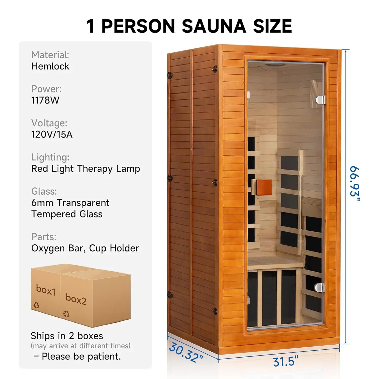 Full Spectrum Infrared Sauna, 1 Person Home Infrared Sauna with Red Light Therapy, Indoor Canadian Hemlock Wood Dry, Customized