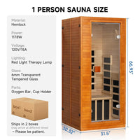 Full Spectrum Infrared Sauna, 1 Person Home Infrared Sauna with Red Light Therapy, Indoor Canadian Hemlock Wood Dry, Customized